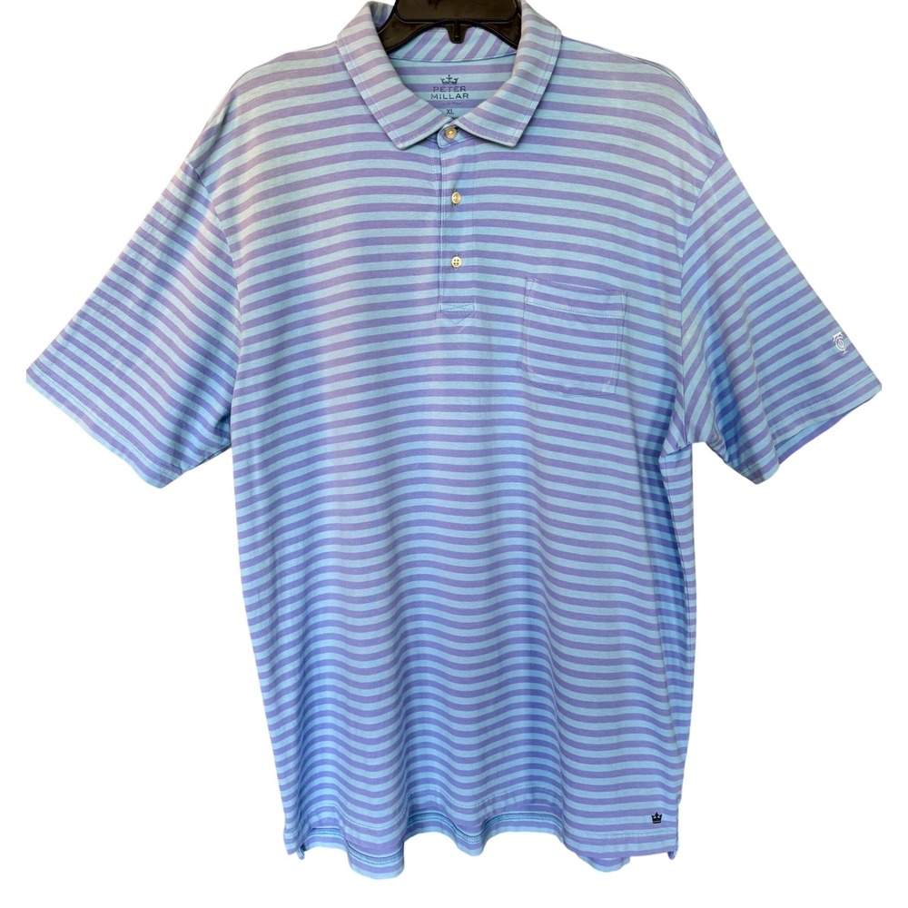 Peter Millar Mens XL Polo Shirt Blue Purple Striped Pocket Cotton Preppy Golf